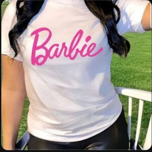 White and Pink Barbie Print T shirt